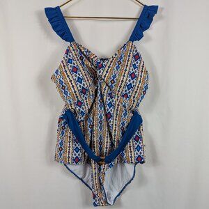 Hanna Nikole One Piece Swimsuit Bathing Suit Square V-Neck Geometric Blue Sz 24W